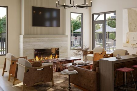 Modern living room with vaulted ceiling, fireplace, wall-mounted TV, comfy seating, large windows, and a kitchen island with barstools.