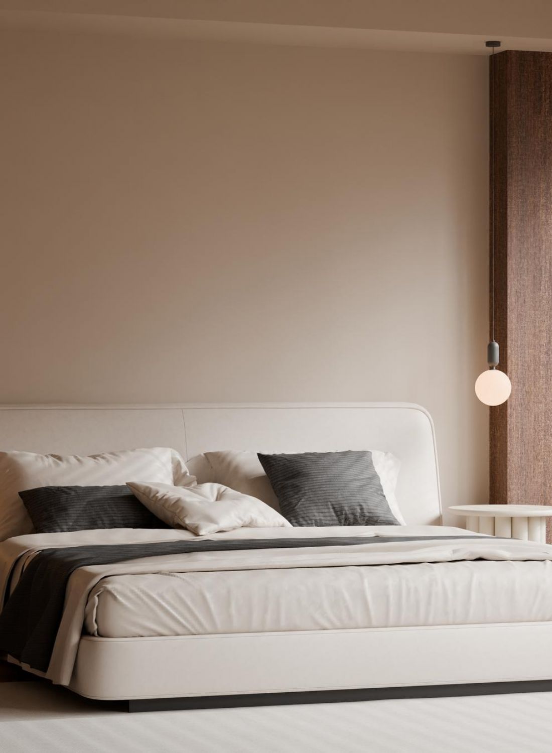Minimalist bedroom with a white bed, neutral bedding, two nightstands, and sunlight through window blinds.