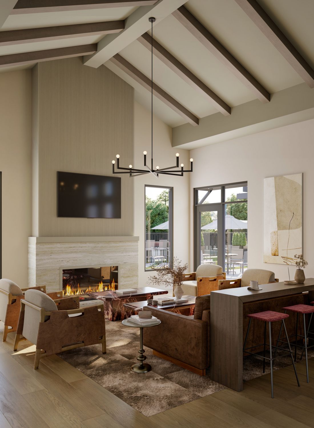 Modern living room with vaulted ceiling, chandelier, fireplace, TV, brown chairs, and large windows showing trees outside.