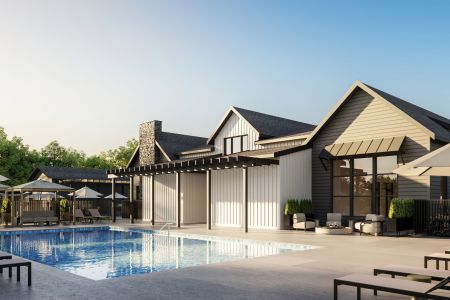 Modern pool area with lounge chairs, umbrellas, and sunlit clubhouse, surrounded by trees under a clear blue sky.