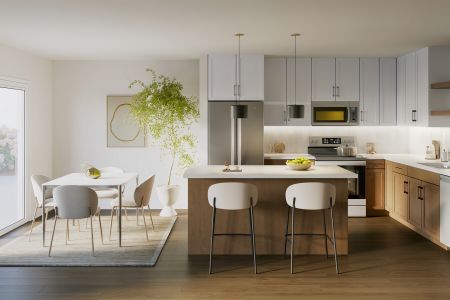 Modern kitchen with wood accents, island seating, white cabinets, dining table, large plant, and sunlight from glass doors.