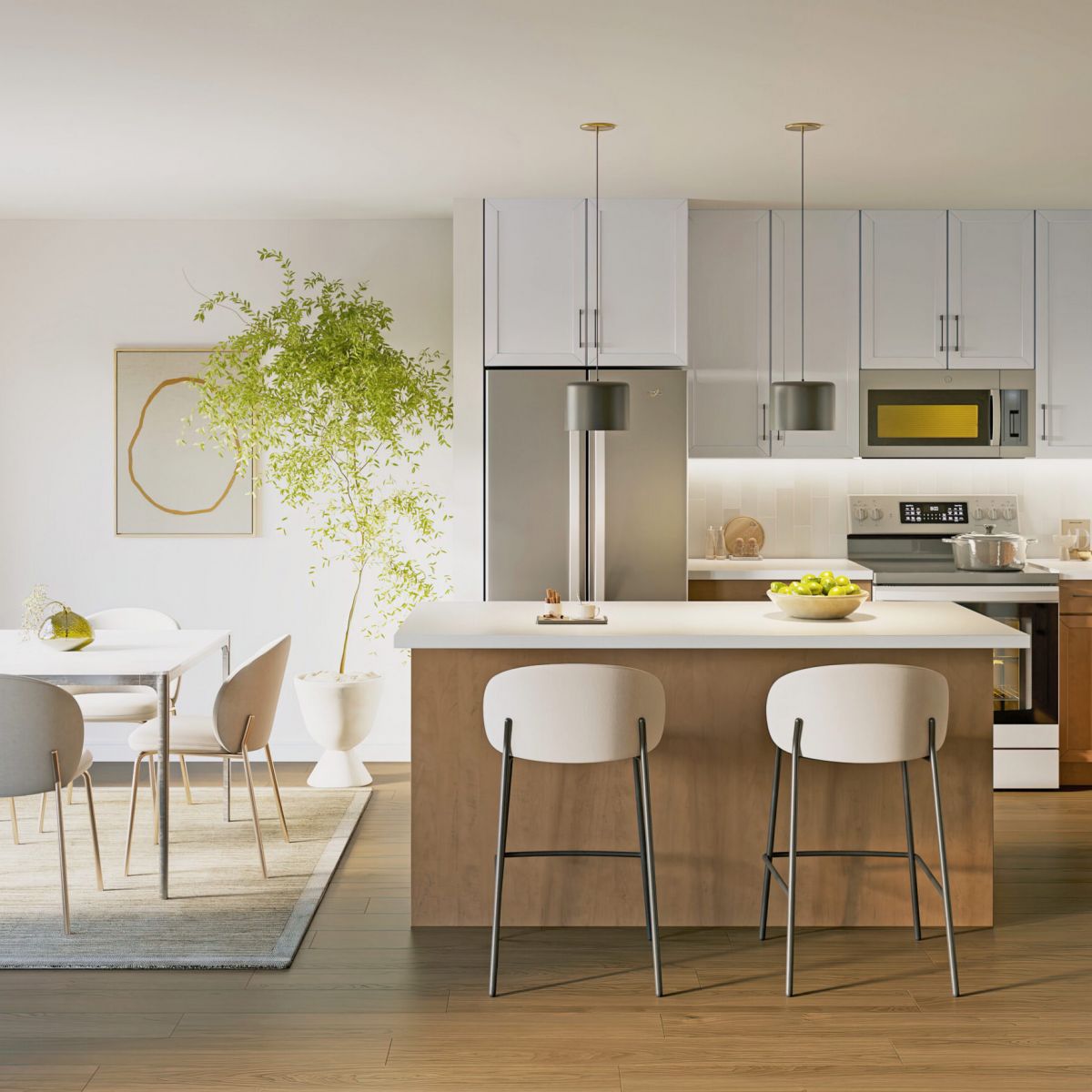 Modern kitchen and dining area with white cabinets, wood accents, island seating, and a large plant by a window.