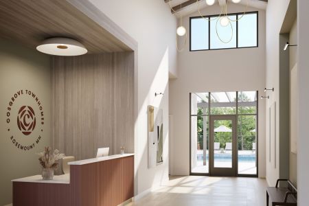 Modern lobby with high ceiling, reception desk, large windows, and view of a pool area with green umbrellas outside.